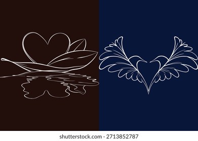 Diseños de arte de línea de flores y hojas en forma de corazón