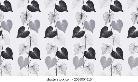 Heart shaped leaf vine pattern vector on white background. Cute style leaf lines drawing. Vintage style liana patterns. Hand drawn botanical texture creative design. wallpaper, fabric, textiles