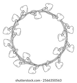 Heart shaped light garland in a vector round frame. Perfect for romantic cards or holiday decorations. Hand drawn outline with blank space for text, adding charm to Valentine Day designs