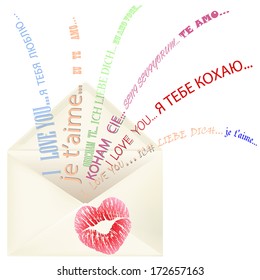 Heart shaped lips printed on the opened envelope with I love you message appearing in different languages
