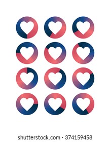 Heart shaped loading sequences ranging from blue hues to pink hues gradient