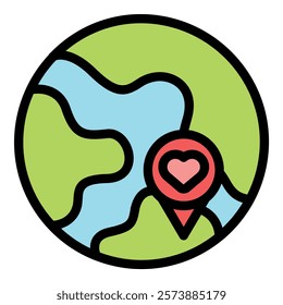 Heart shaped location icon placed on world map, symbolizing global romance, love connection, and special place