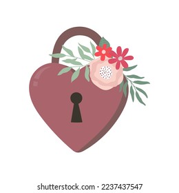Heart shaped lock with flowers bouquet. Valentines day concept. Design element for greeting card, invitation, print, poster, banner. Isolated vector illustration 