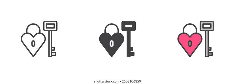 Heart shaped lock and key different style icon set. Line, glyph and filled outline colorful version, outline and filled vector sign. Love symbol, logo illustration. Vector graphics