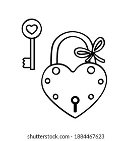 Heart shaped lock and key. Doodle element, sketch, black lines on white. For romantic design and cards.