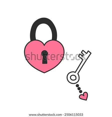 Heart Shaped Lock with Key Doodle. Hand drawn padlock with keyhole. Love symbol. Coquette secret element. Outline vector illustration with pink color