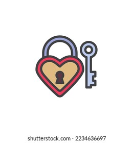Heart shaped lock and key filled outline icon, line vector sign, linear colorful pictogram isolated on white. Love symbol, logo illustration. Vector graphics