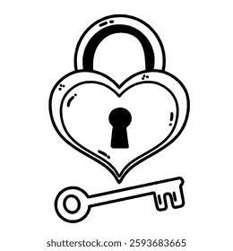 a heart shaped lock and key Hand drawn line art Paris Illustration