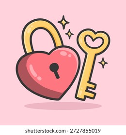 Heart Shaped Lock and Key Illustration for Icon, sticker and other uses, hand drawn colorful flat vector style.