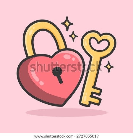 Heart Shaped Lock and Key Illustration for Icon, sticker and other uses, hand drawn colorful flat vector style.