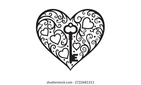 Heart shaped lock with key inside decorated with swirls and hearts