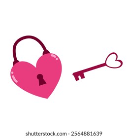 Heart shaped lock and key. Love symbol, pair, couple and marriage sign, Valentine's day. Vector isolated on white background