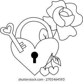 Corazón en forma de cerradura, llave, rosa y cereza composición de San Valentín. Ilustración de línea gráfica de Vector. diseño para gráficos de moda, impresiones textiles, telas, Fondos de pantalla.
