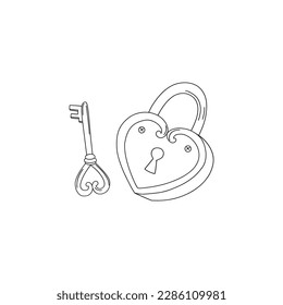 Bloqueo con forma de corazón y conjunto de llaves. Gráficos de San Valentín. Ilustración minimalista lineal vectorial aislada en blanco.