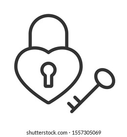 Heart shaped lock with key vector icon isolated on white background. Love heart and valentine day line vector icon for web, mobile apps ui design and printed products