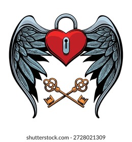 Cerradura en forma de corazón con llaves y alas. Ilustración vectorial de candado alado