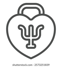 Heart shaped lock with trident line icon, family psychology concept. Vector graphics. Safety lock with trident symbol, sign on white background, outline style icon for mobile or web design