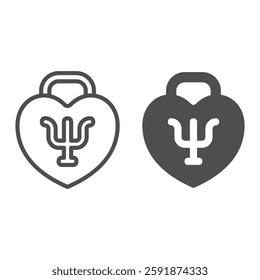 Heart shaped lock with trident line and solid icon, family psychology concept. Vector graphics. Safety lock with trident symbol, sign on white background, outline style icon for mobile or web design