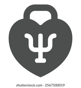 Heart shaped lock with trident solid icon, family psychology concept. Vector graphics. Safety lock with trident symbol, sign on white background, glyph style icon for mobile or web design