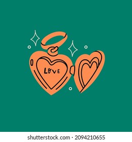 Heart shaped Locket. Golden pendant. Precious jewelry. Love, romance, Valentine's day concept. Hand drawn modern Vector illustration. Isolated on green. Cartoon style. Logo, icon, print template