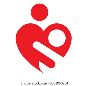 Heart shaped logo depicting mother embracing child. Mother care logo, children health care, mother hood concept.