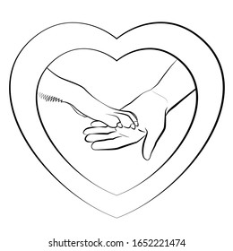 Heart shaped logo with dogs paw and human hand. Dog giving paws. Outline vector illustration on white background.
