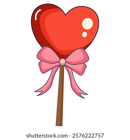 Heart Shaped Lollipop with Bow. cartoon cute. Love Valentine.  illustration