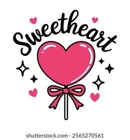 A heart shaped lollipop with a bow and the words sweet heart written in pink