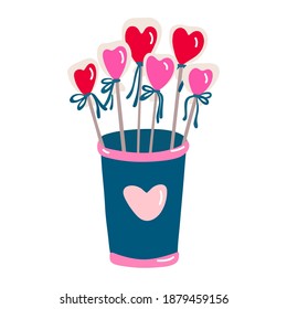 Heart shaped lollipop candies sticking out of a cup decorated with a heart. Valentine's day decor. Vector illustration for posters and greeting cards design isolated on white. Hand drawn flat style.