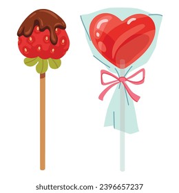 Heart shaped Lollipop candy and Chocolate-covered strawberry. Red candy and fruit on the stick. Romantic love sweet symbols for Valentine's Day, New Year, Christmas greeting card, invitation, web, ban