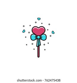 Heart shaped lollipop decorated with ribbon bow  - flat color line icon. Love candy symbol for Valentine's Day celebration, wedding, engagement parties. 