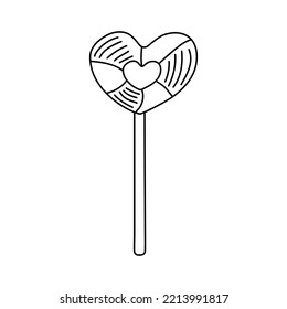 Heart shaped lollipop in doodle style. Black and white vector illustration for coloring book.