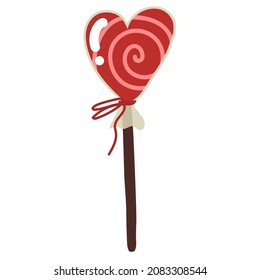Heart shaped lollipop. Happy Valentines Day. All lovers Day decoration element. Delicious food, sweets. Colored Flat style in vector illustration. Isolated element on white background.