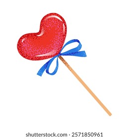 Heart shaped lollipop on the stick with blue ribbon. Romantic love sweet candy for Valentine's Day, New Year, Christmas greeting cards, invitations, web, stickers, and banners. Vector illustration.