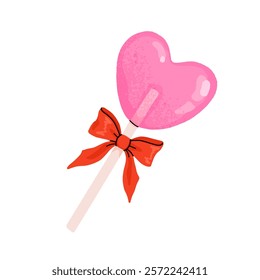 Heart shaped lollipop on stick tied with bow. Valentine's Day illustration. Cute girly clipart. Coquette core