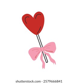 Heart shaped lollipop with pink bow isolated on white background. Vector illustration.