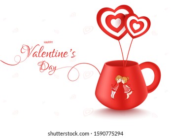 Heart Shaped Lollipop in Red Cup Printed from Loving Couple Cartoon on White Background for Happy Valentine's Day Celebration.