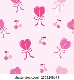   heart  shaped lollipops , bows and cherries seamless pattern , vector illustration