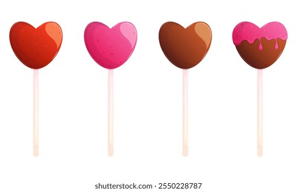 Juego de piruletas y caramelos de chocolate en forma de corazón.  Dulces de dibujos animados del día de San Valentín aislados en blanco.