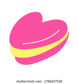  Heart shaped macaroon. Hand drawn vector illustration isolated on white background. Yellow and pink colors. Great for kids design.