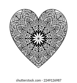 Heart shaped mandala floral pattern for coloring book, heart with floral mandala pattern, hand drawn heart floral mandala doodle, heart mandala coloring page for adult