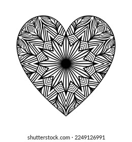 Heart shaped mandala floral pattern for coloring book, heart with floral mandala pattern, hand drawn heart floral mandala doodle, heart mandala coloring page for adult