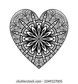 Heart shaped mandala floral pattern for coloring book, heart with floral mandala pattern, hand drawn heart floral mandala doodle, heart mandala coloring page for adult