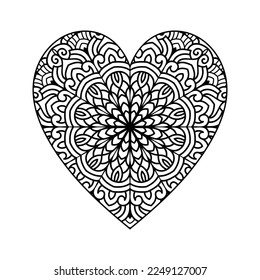 Patrón cardíaco de mandala floral en forma de corazón para libro de colorantes, corazón con un patrón de mandala floral, doodle de mandala floral de corazón dibujado a mano, página de color mandala cardíaca para adultos
