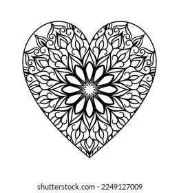 Heart shaped mandala floral pattern for coloring book, heart with floral mandala pattern, hand drawn heart floral mandala doodle, heart mandala coloring page for adult