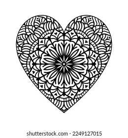 Heart shaped mandala floral pattern for coloring book, heart with floral mandala pattern, hand drawn heart floral mandala doodle, heart mandala coloring page for adult