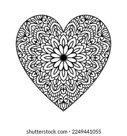 Heart shaped mandala floral pattern for coloring book, heart with floral mandala pattern, hand drawn heart floral mandala doodle, heart mandala coloring page for adult