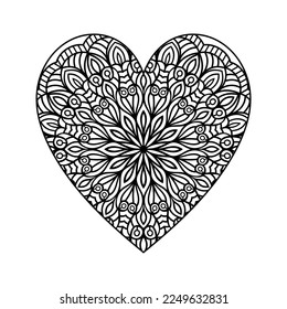 Heart shaped mandala floral pattern for coloring book, heart with floral mandala pattern, hand drawn heart floral mandala doodle, heart mandala coloring page for adult