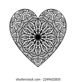 Heart shaped mandala floral pattern for coloring book, heart with floral mandala pattern, hand drawn heart floral mandala doodle, heart mandala coloring page for adult
