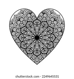 Patrón cardíaco de mandala floral en forma de corazón para libro de colorantes, corazón con un patrón de mandala floral, doodle de mandala floral de corazón dibujado a mano, página de color mandala cardíaca para adultos